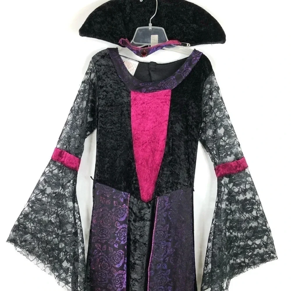 Girls Large 12-14 Goth Vampire Dress Long Dress Costume‎ Lace Halloween Black